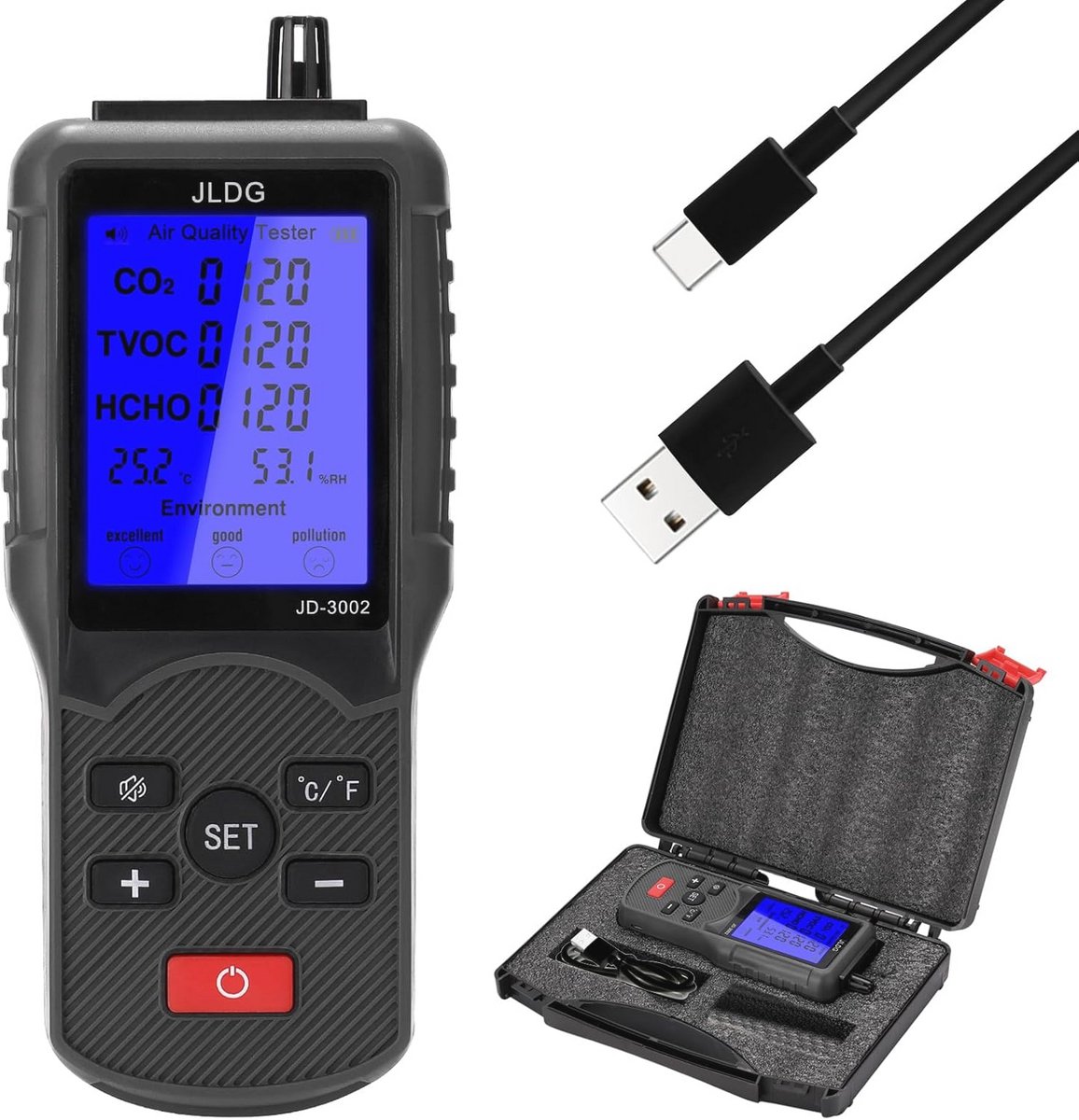 Multifunctionele Luchtkwaliteitstester - CO2-meter, TVOC, Temperatuur- en Luchtvochtigheidsmeter