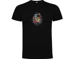 Zwart T-Shirt met Kleurrijke print “ Rock n'Roll Roses Gitaar en Retro Microfoon – Muziek – Good Vibes “ Print Full Color Maat L