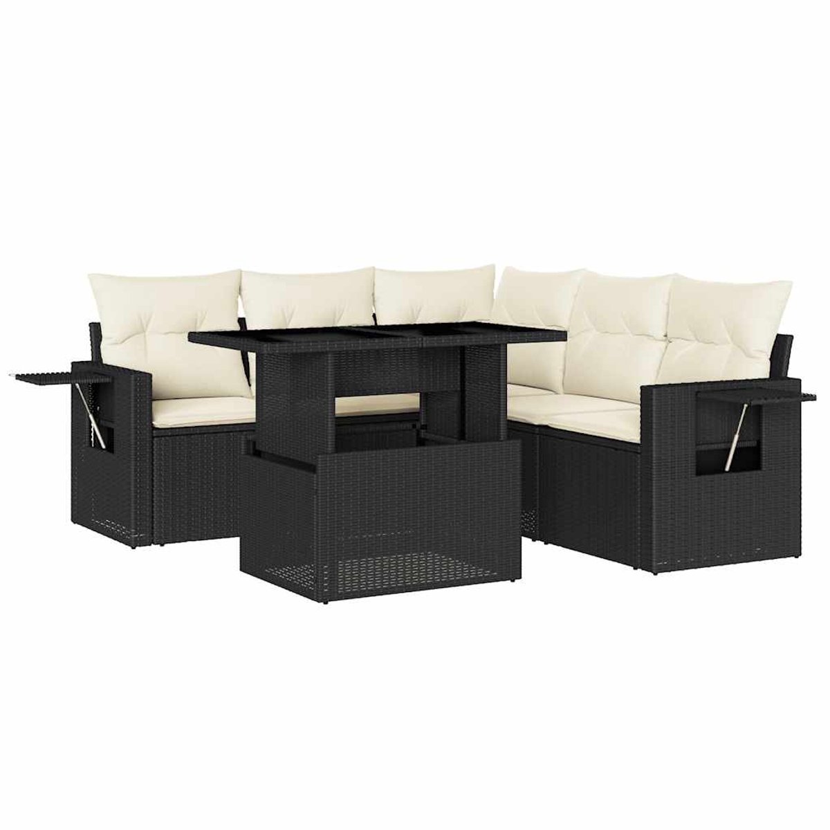 Zwart poly rattan loungeset met kussens voor tuinlounge en buitendiner.