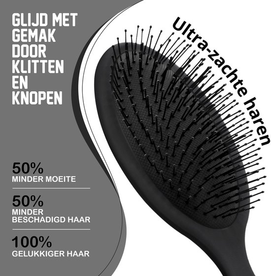 Zwarte haarborstel met tekst: 'Glijd met gemak door klitten en knopen'.