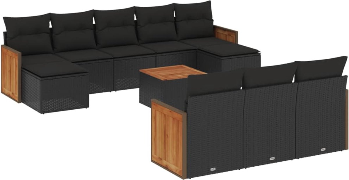 The Living Store 11-delige Loungeset met kussens poly rattan zwart - Loungeset - Tuinmeubels - Lounge Set - Pe Rattan - Zwarte Loungebank