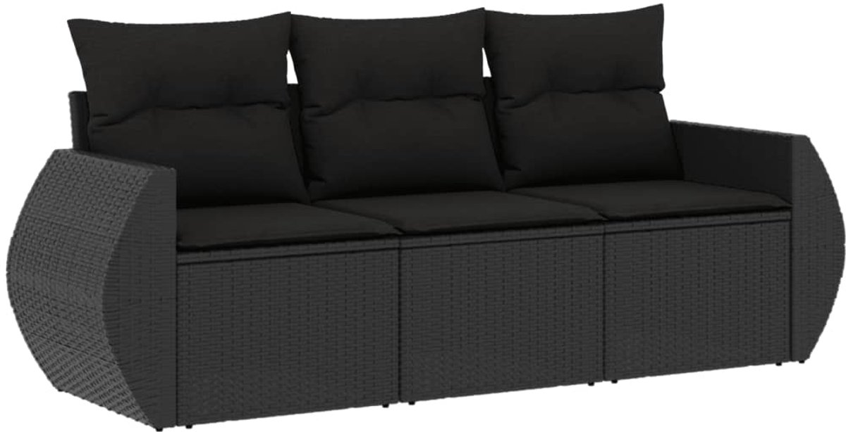 The Living Store 3-delige Loungeset met kussens poly rattan zwart - Tuinmeubles - Lounge Set - PE-rattan - Zwarte Tuinstoelen - Buitendrankje
