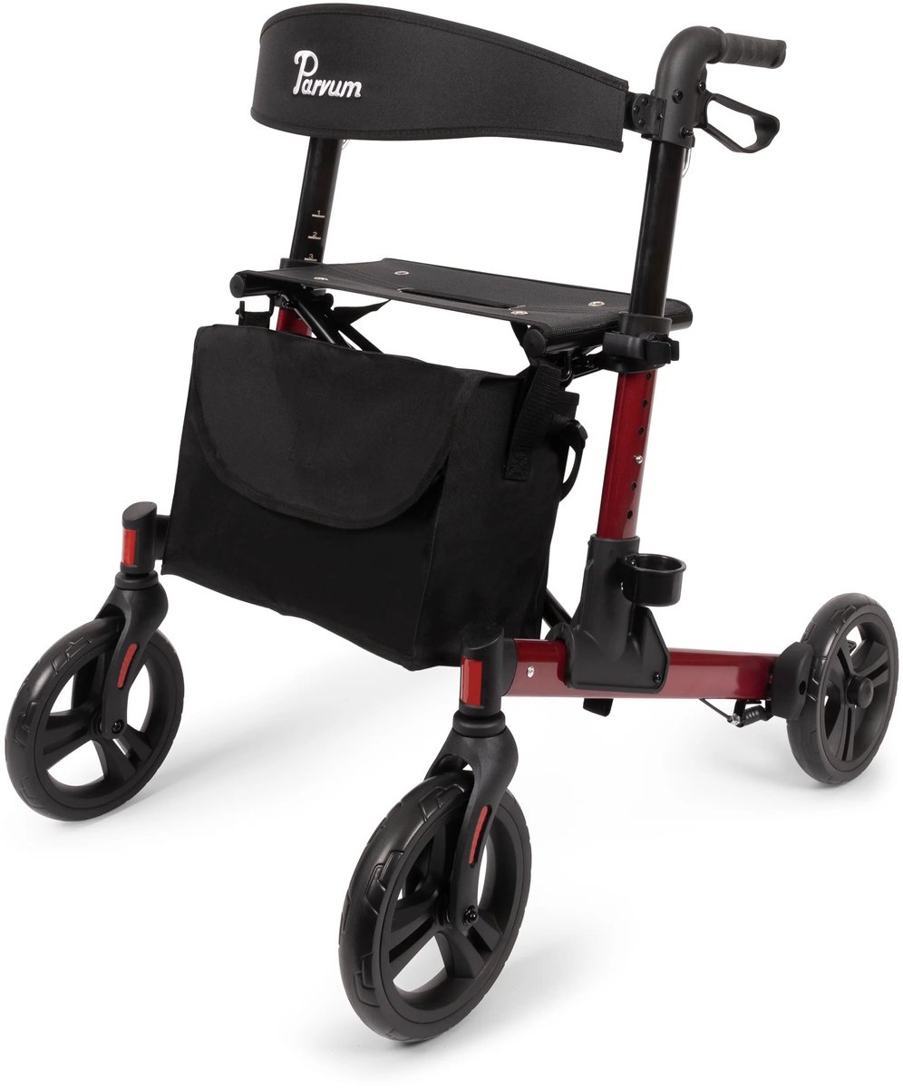 Goedkoopste Parvum Riva - Makkelijk dubbel opvouwbaar (zie filmpje) - Remkabels weggewerkt - Semi-soft banden - Lichtgewicht en opvouwbaar (6,6 kg) - Rollator inclusief tas, stokhouder rugband - Rood