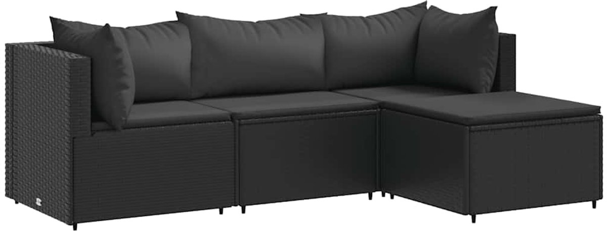 The Living Store 4-delige Loungeset met kussens poly rattan zwart - Loungeset - Tuinset - Loungehoekbank - Buitendecoratie - Tuinmeubels