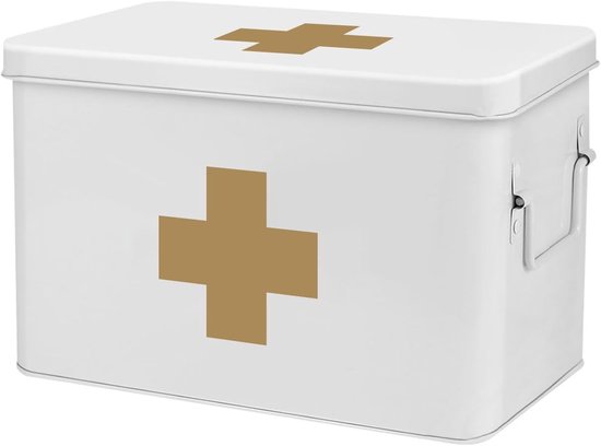 Boîte à pharmacie blanche en métal avec une croix dorée sur le devant et le couvercle. Avec poignée.