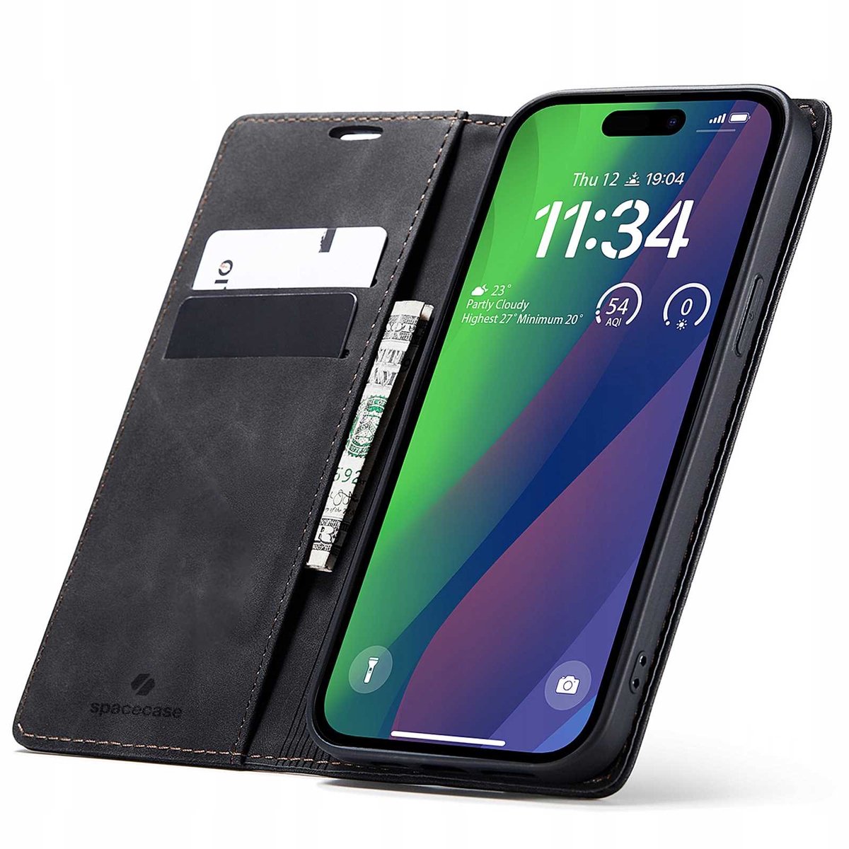 Spacecase Wallet Case Voor Iphone 15 Plus Zwart Lederen Hoes