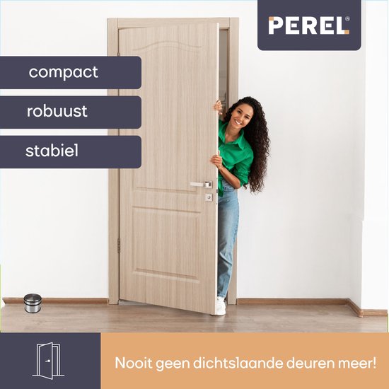 Perel Roestvrijstalen deurstopper, zonder boren, met antislip rubberen onderkant, 75 mm hoog en 90 mm diameter, voor een subtiele maar effectieve grip, ideaal voor elk interieur, grijs, 1 kg