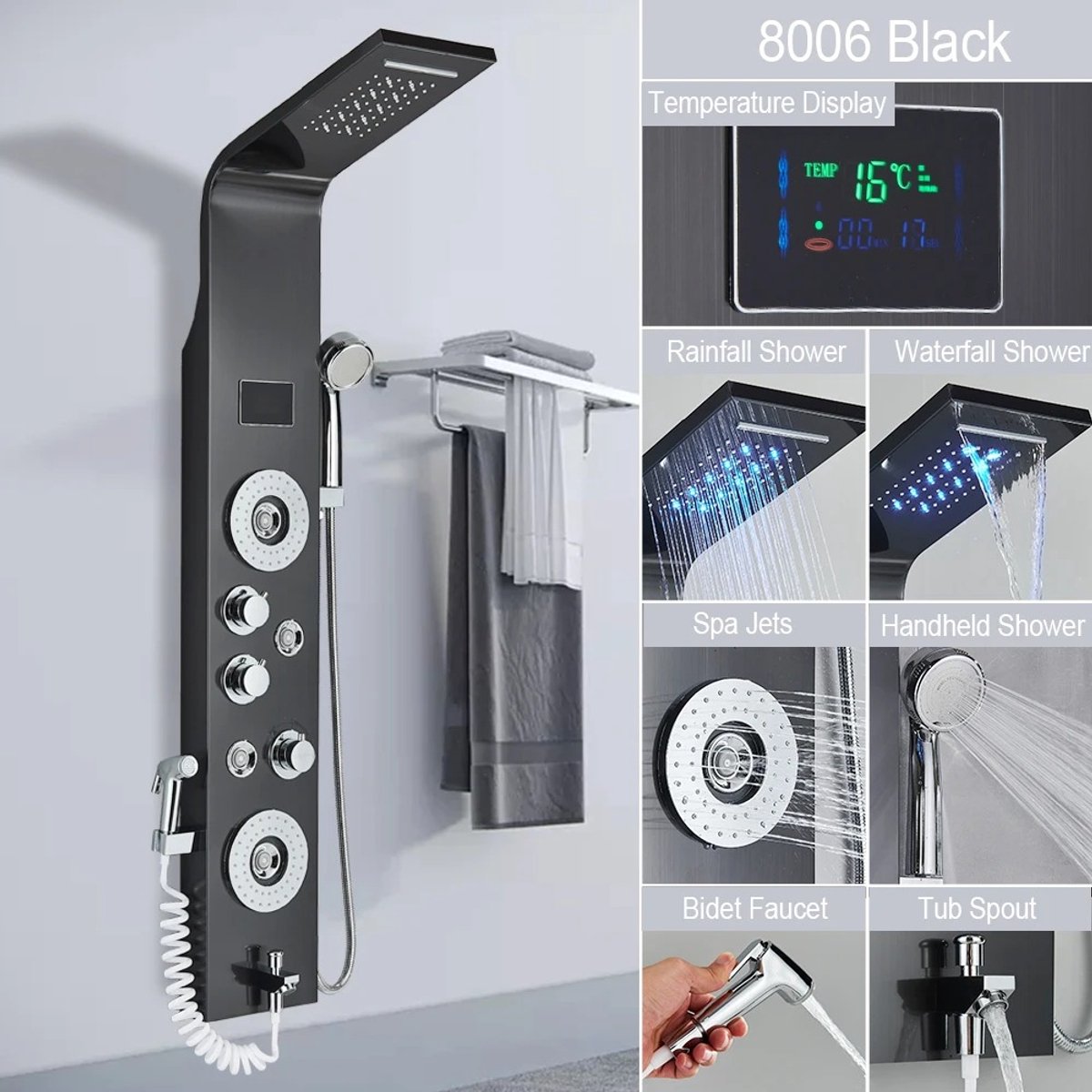 CS® - Douchewand- Douchekolom- Zwart- Douchepanelen- Douche paneel- Douchekolom met thermostaatkraan- Douchepaneel - Douchepaneel met regendouche- Douchepaneel met mengkraan- Led- Digitaal scherm- Massage-