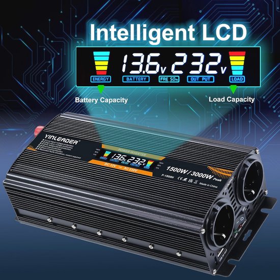 LVYUAN Omvormer 24V 230V 2000W Spanningsomvormer met 3 stopcontacten en