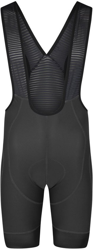 Zwart fietsbroek met bretels, achterkant zichtbaar.