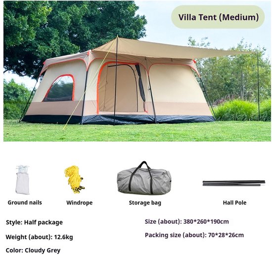 Kampeertent - beige - 2-4 personen - tent met luifel - inclusief handige opbergtas - kamperen - onderweg - outdoor - camping - waterdicht - buitentent - buiten overnachten - familietent - koepeltent - tunneltent - gezinstent - lichtgewicht van Merkloos — afbeelding 4