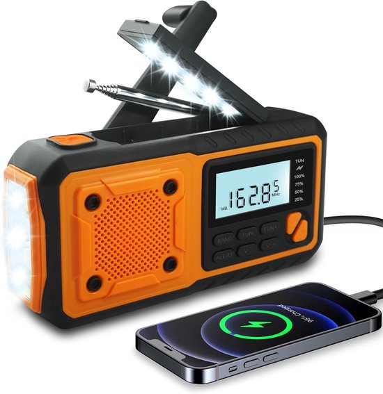 Emergency Radio - 4000mAh - Draagbare NoodRadio - Noodradio Solar Opwindbaar - Zaklamp led oplaadbaar - Noodpakket - Radio voor Rampen - Draagbare Radio - Radio Op Batterijen - Oranje