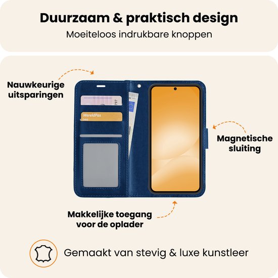 Donkerblauwe bookcase met lederlook, openingen voor lader, kaartvakken en magneetsluiting.