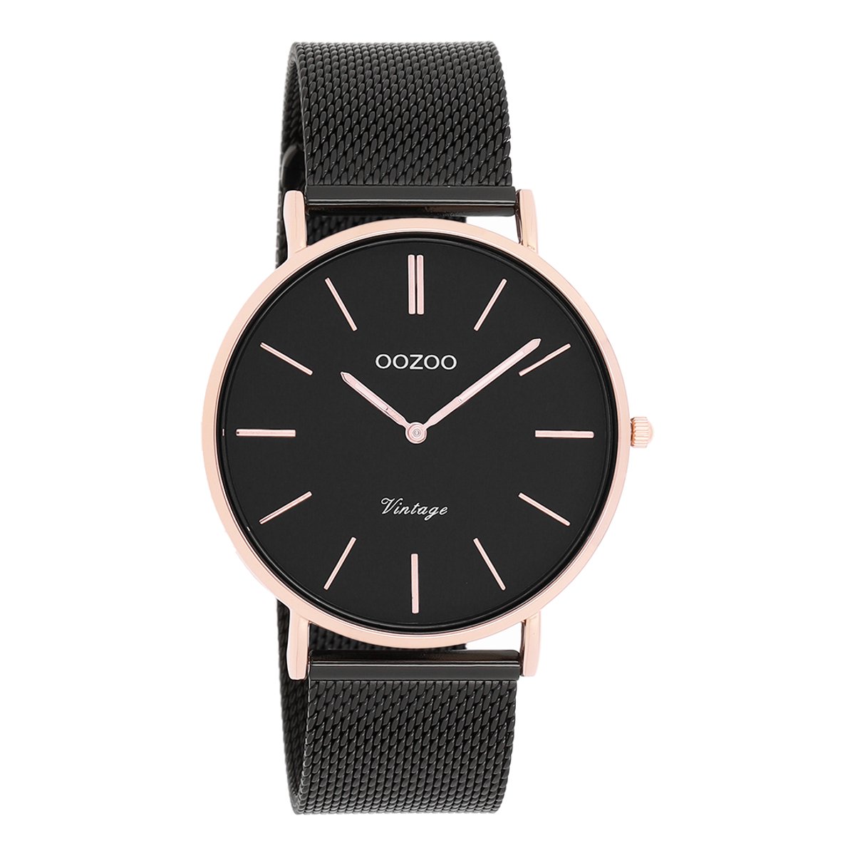 OOZOO Timepieces - Rosé goudkleurige horloge met zwarte metalen mesh armband - C8869