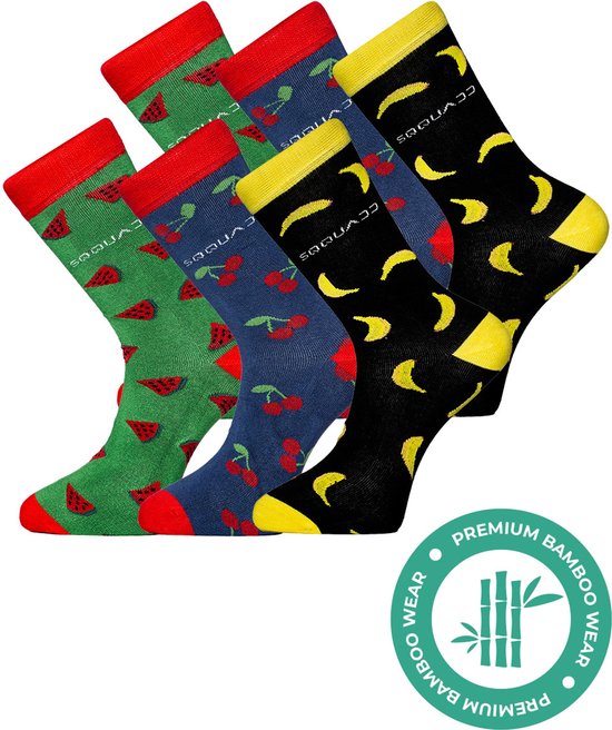 Groene, blauwe en zwarte sokken met watermeloen, kersen en bananenprint.