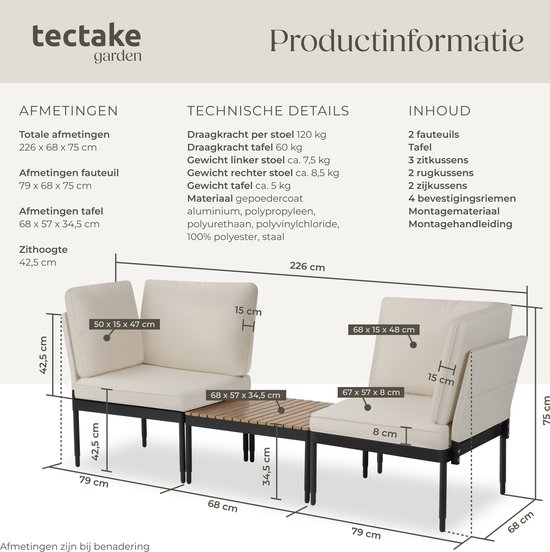 Tectake Loungeset Magaluf – 5-in-1 Tuinset Met Aluminium Frame, 2 Fauteuils, Salontafel, Verstelbare Rugleuning En Wasbare Kussens