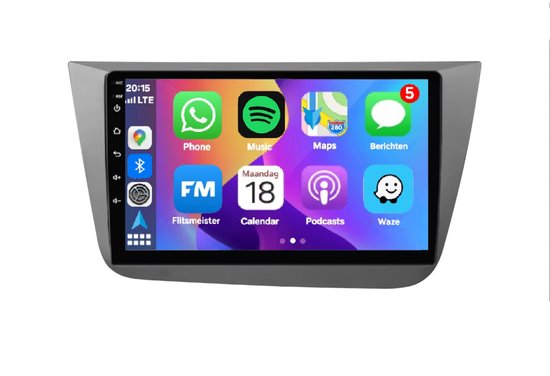 Een los autoradio touchscreen met diverse app iconen waaronder Phone, Spotify, Maps en Berichten.