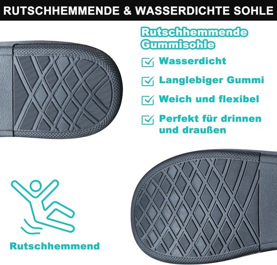 Detail van de antislip rubberen zool van een zwarte pantoffel. De zool is waterdicht, gemaakt van duurzaam, zacht en flexibel rubber, perfect voor binnen en buiten. Antislip symbool.