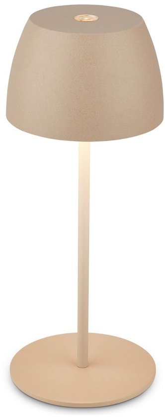 Een beige, draadloze tafellamp met een kap in kegelvorm en een slanke staander.