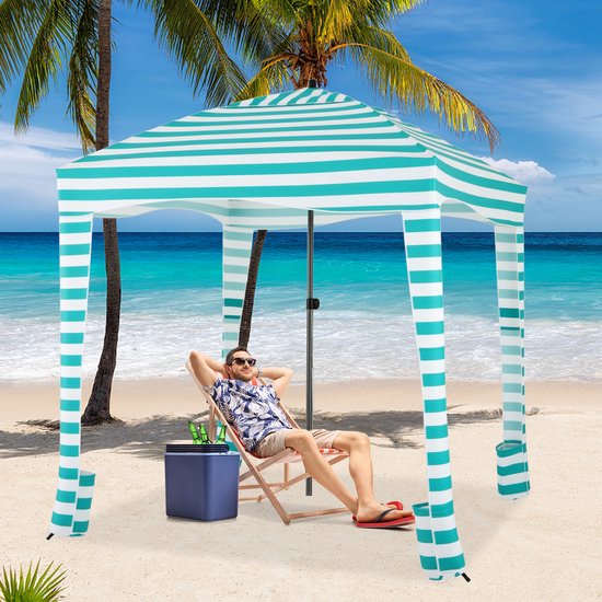 COSTWAY Zonwering met afneembare zijwand en 8 zandzakken, draagbare strandtent met draagtas, outdoor-schaduw voor strand, camping, picknick, 183 x 183 cm (wit-groen) van Merkloos — afbeelding 5