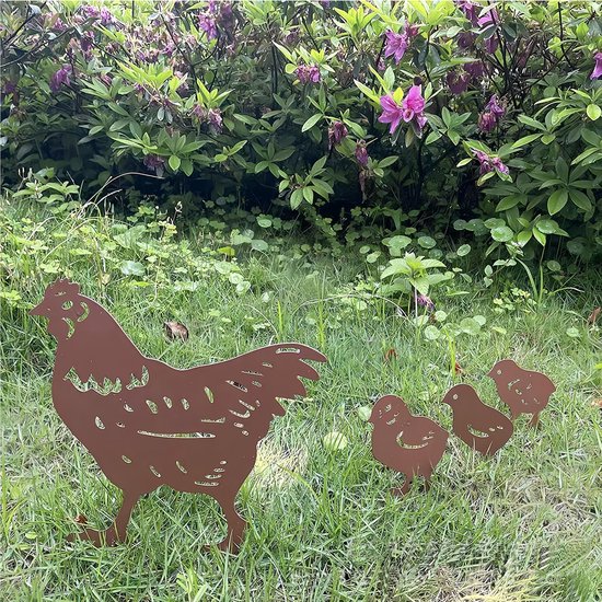 Unyqoos ® Schattige Tuindecoratie Metalen Kippenfamilie Met Roestige Afwerking Voor Een Unieke Tuinlook van Unyqoos — afbeelding 4