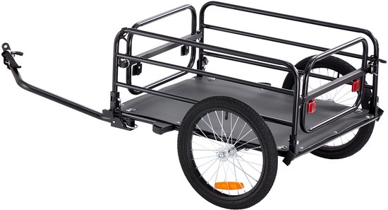 Zwarte fietskar met twee wielen, trekstang en open laadbak, gezien vanaf de achterkant.