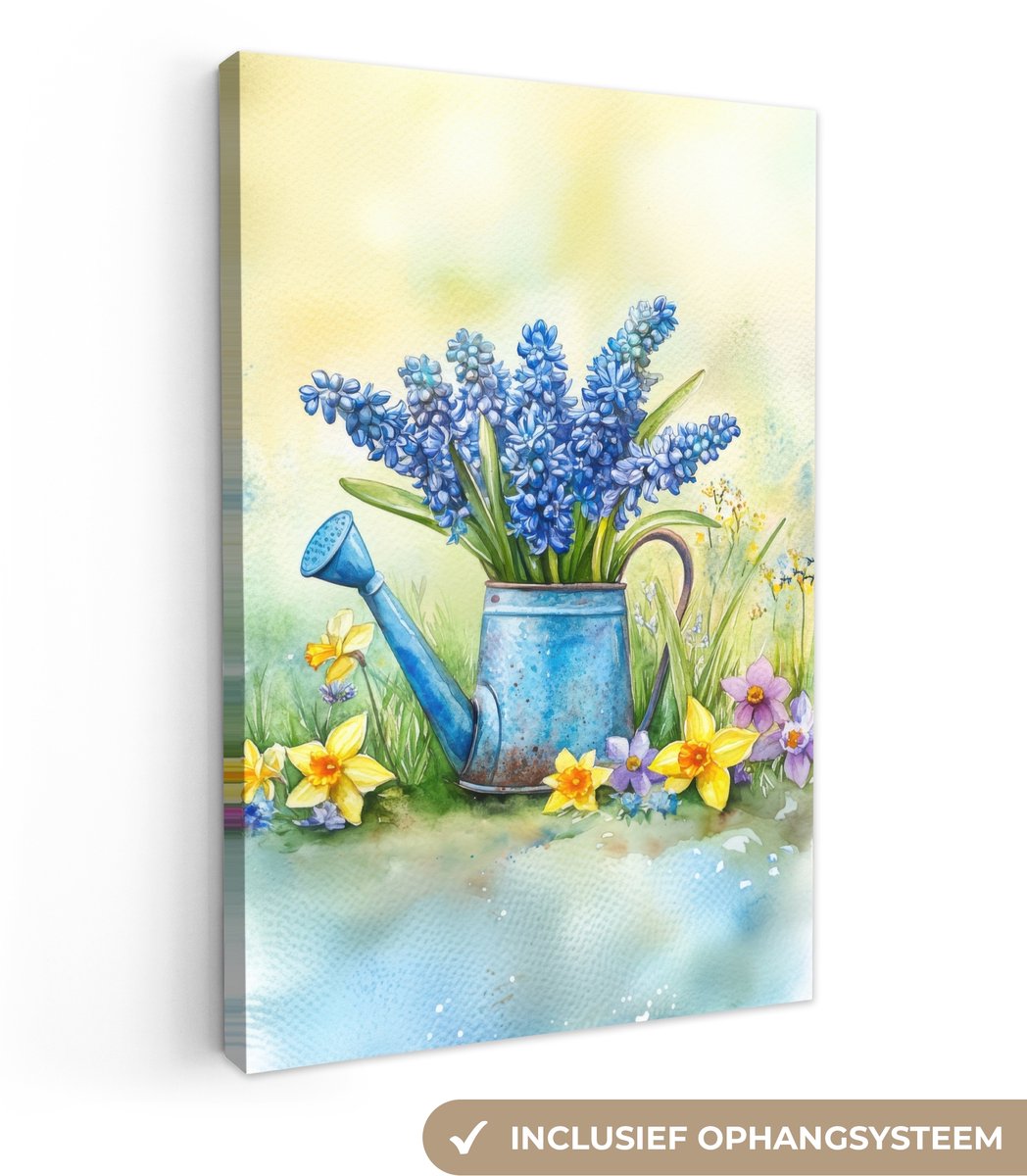 Canvas schilderij 90x140 cm - Exclusieve wanddecoratie Gieter - Lavendel - Bloesems - Muur