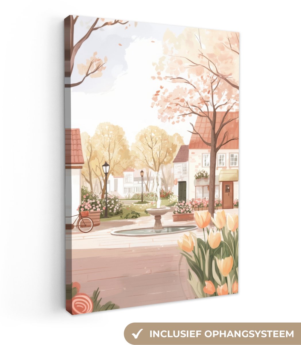 Canvas schilderij 40x60 cm - Exclusieve wanddecoratie Dorpsplein - Fontein - Tulpen - Muur