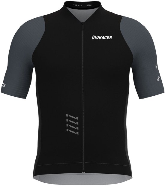Maillot de cyclisme noir à manches courtes avec des manches grises, le texte BIORACER sur la poitrine et des détails réfléchissants.