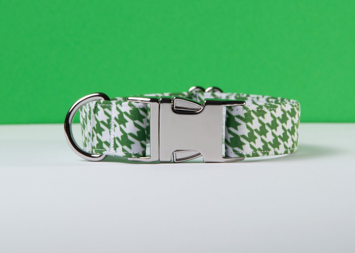 Halsband hond - Pied de poule honden halsband - Handgemaakt in Nederland - Wit groen | Maat M