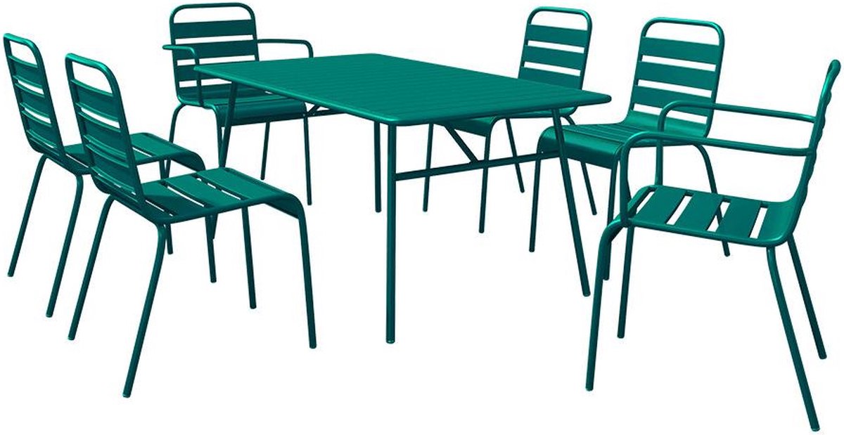 Metalen tuinset in groenblauw - tafel, 2 stapelbare fauteuils, 4 stoelen - MIRMANDE van MYLIA