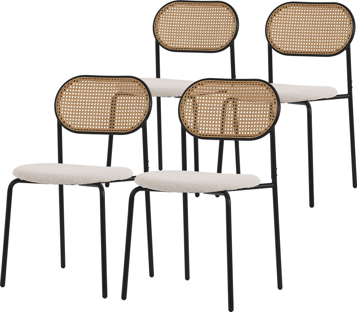 ml-design eetkamerstoelen set 4 beige gestoffeerde keukenstoelen met rotan rugleuning zonder armleuningen retro dining stoelen duurzame metalen poten comfortabele eettafelstoelen woonkamerstoelen gestoffeerde stoelen keukenstoelen moderne design
