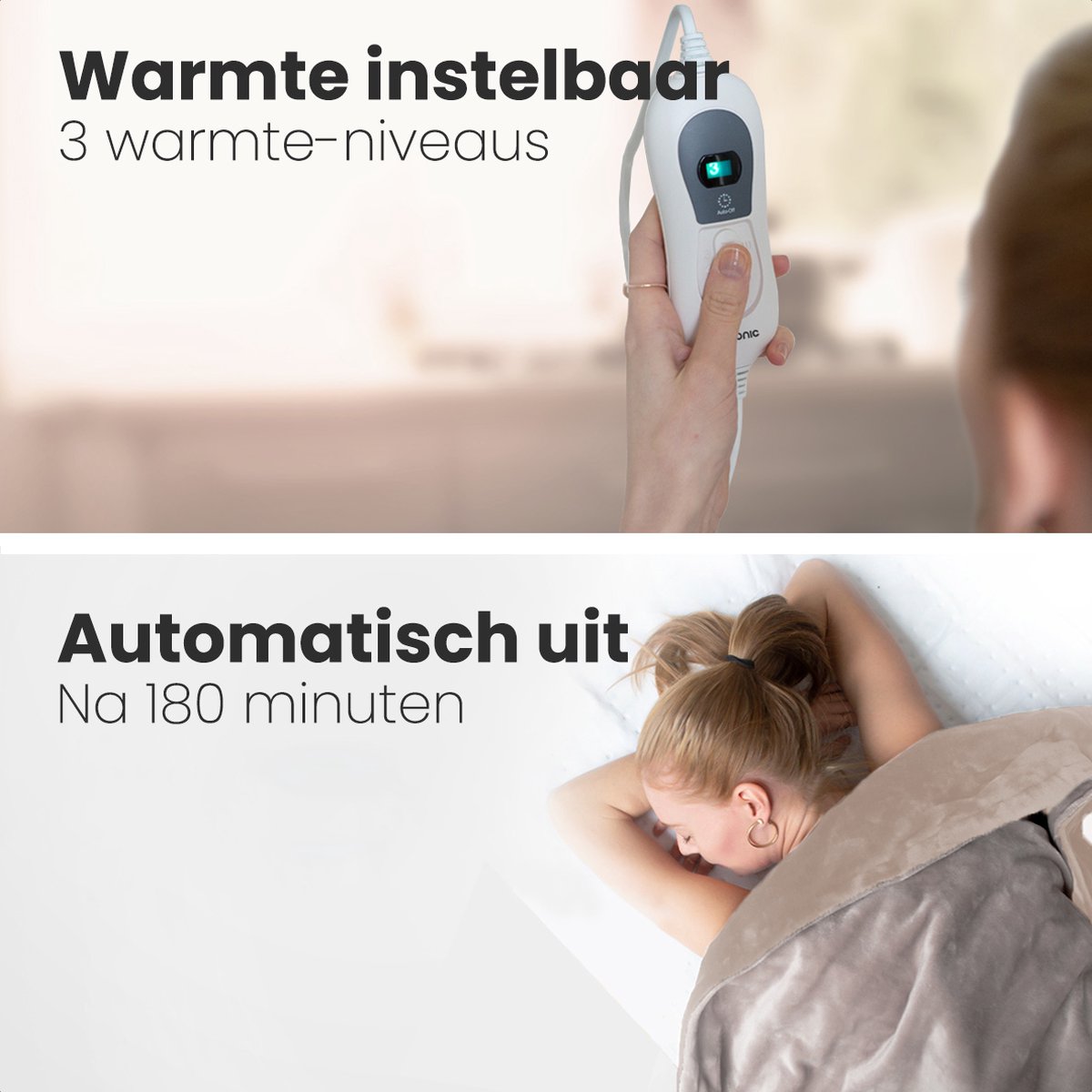 Auronic Elektrische Deken - 160 x 120 cm - Duo Pack - 1 Persoons Warmtedeken - 3 Warmtestanden - Verwarmingsdeken - Taupe – foto 4