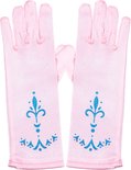 Paar lange roze prinsessenhandschoenen met blauwe versiering.