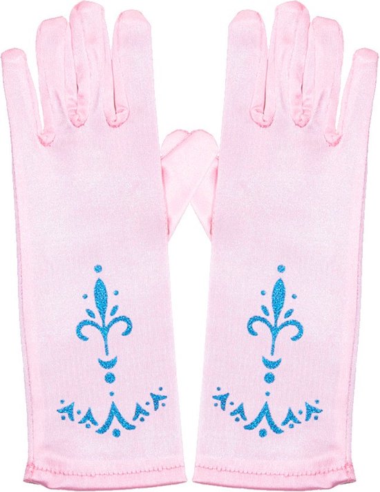Paar lange roze prinsessenhandschoenen met blauwe versiering.
