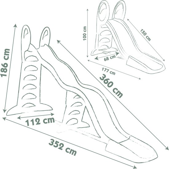 Schematische tekening van een groene en beige glijbaan met afmetingen in cm.