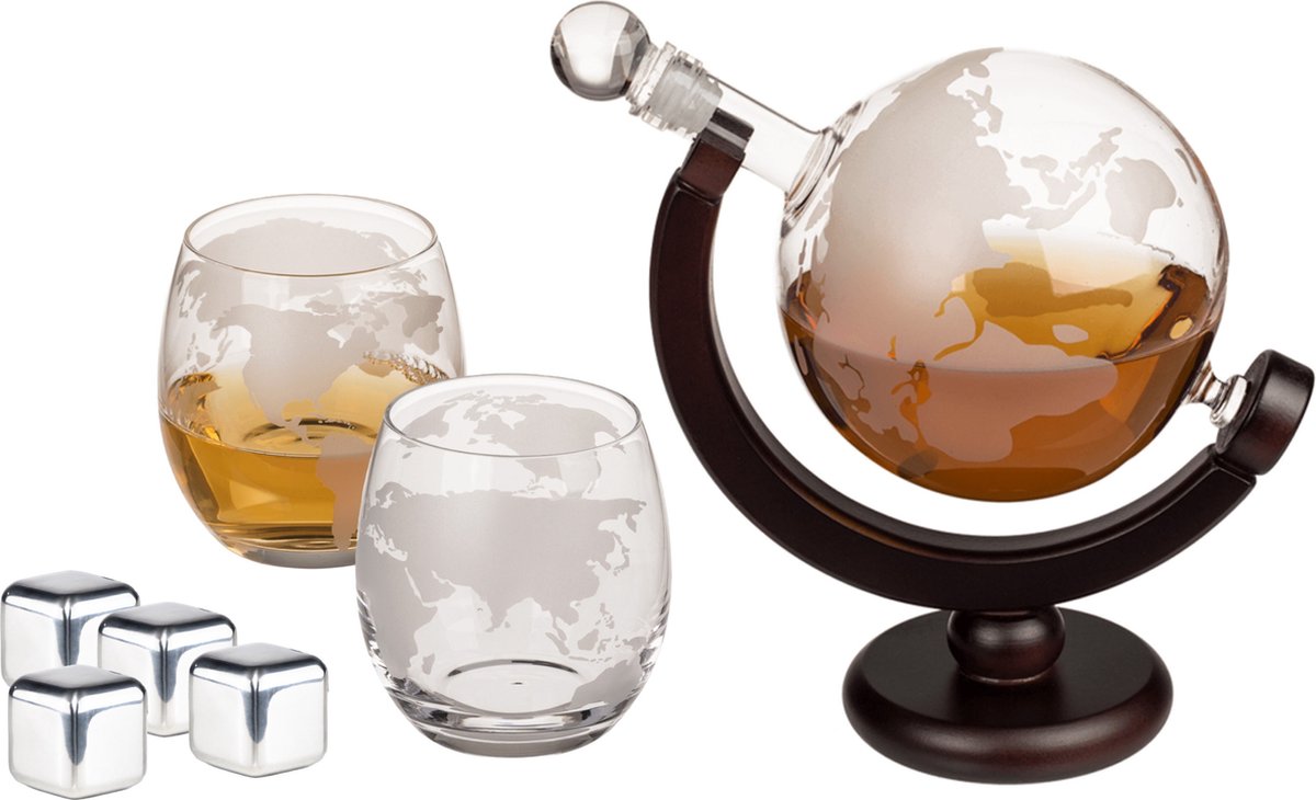 Whiskey karaf cadeau set - met 2 glazen en koelstenen - 850 ml - wereldbol