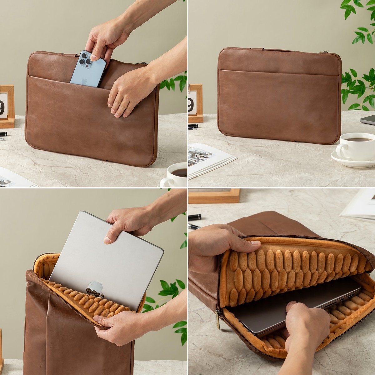 Leren laptopsleeve 14 inch bruin spatwaterdicht met schuim bescherming en extra vak voor MacBook Pro Air - Afbeelding 5