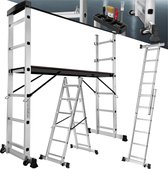 tectake® Steiger - 4-in-1 Ladder, Mobiele Multifunctionele Ladder met Werkplatform, Stelling, Aluminium Rolsteiger, Huishoudladder, Draagvermogen tot 150 kg - Zilver