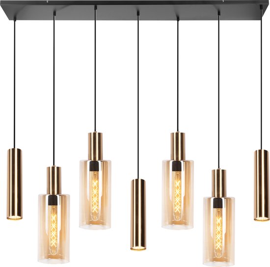 Vidi – Luxe Grote Hanglamp – Stella Di Notte – 135 x 25 x 165 CM – Amber & Zwart – Ø 12 cm - Hanglampen voor in de Woonkamer | Slaapkamer | Eetkamer - E27 Fitting & GU10- excl. Lichtbron