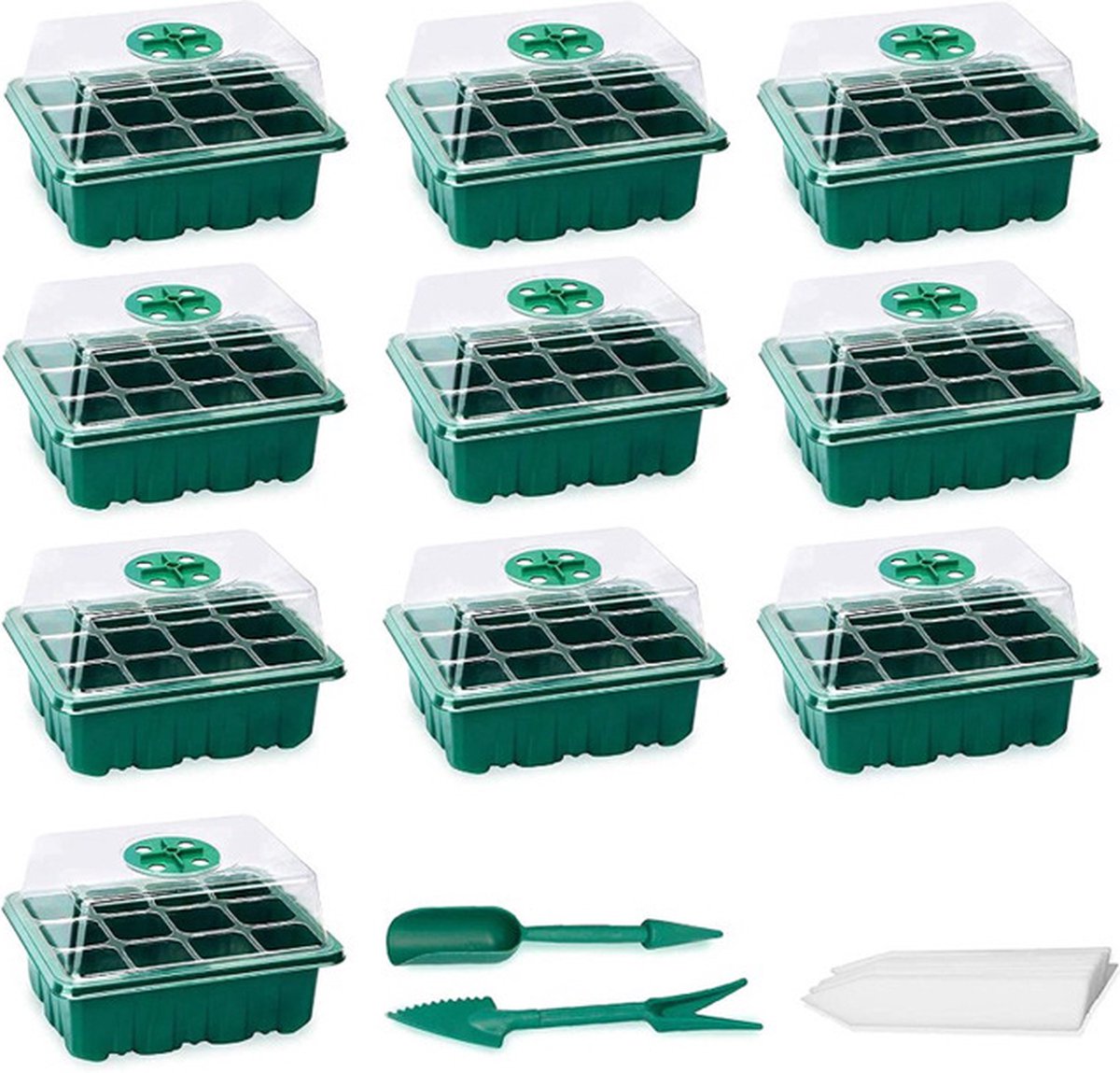 Kweekbak - Zaadbakjes - 10 stuks 12 cellen kweekbak - Complete Kweekset - Moestuin Kweekkas - Kweektafel - Verstelbare Ventilatie - Kweekbakken Moestuin - voor kas en tuinen - groen - 18.5*14.5*11 cm