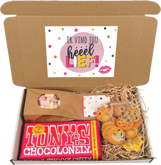Valentijn cadeau - Ik vind jou heel lief - Tony chocolonely - hartjes - emoji chocolade - brievenbus cadeau