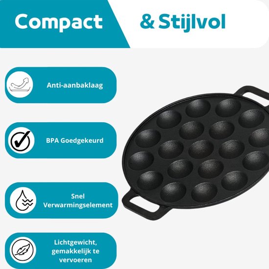 Zwarte gietijzeren poffertjespan, compact en stijlvol, met 19 holtes, anti-aanbaklaag, BPA-goedgekeurd, snelle verwarming.