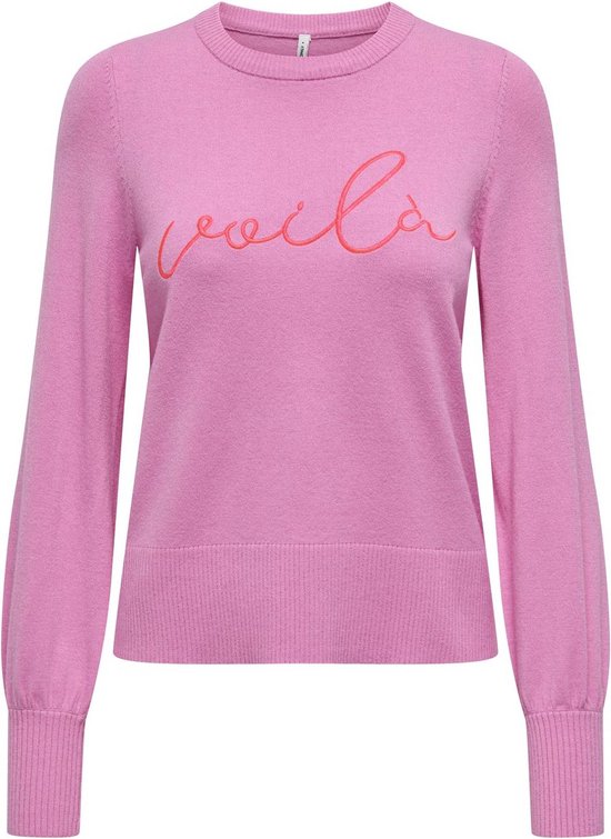 ONLY ONLIBI LS EMB O-NECK CC KNT Dames Trui - Fuchsia Pink Fiery Coral
