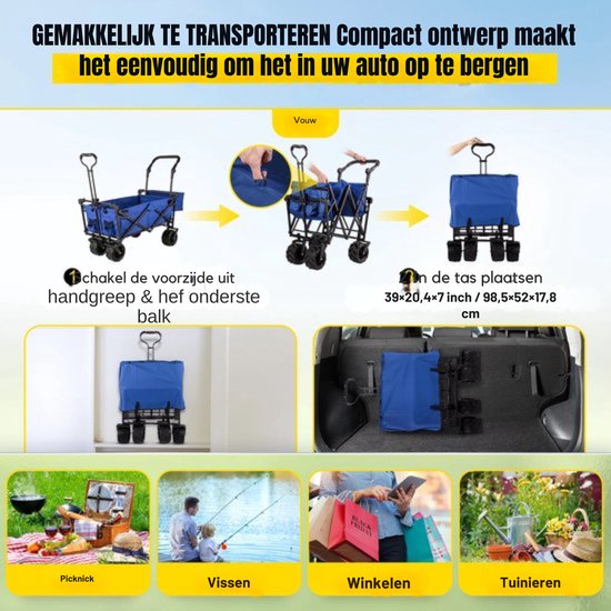 Blauwe Opvouwbare Bolderkar - 220L - Met Duw- en Trekstang - Kindertransport van Merkloos — afbeelding 3