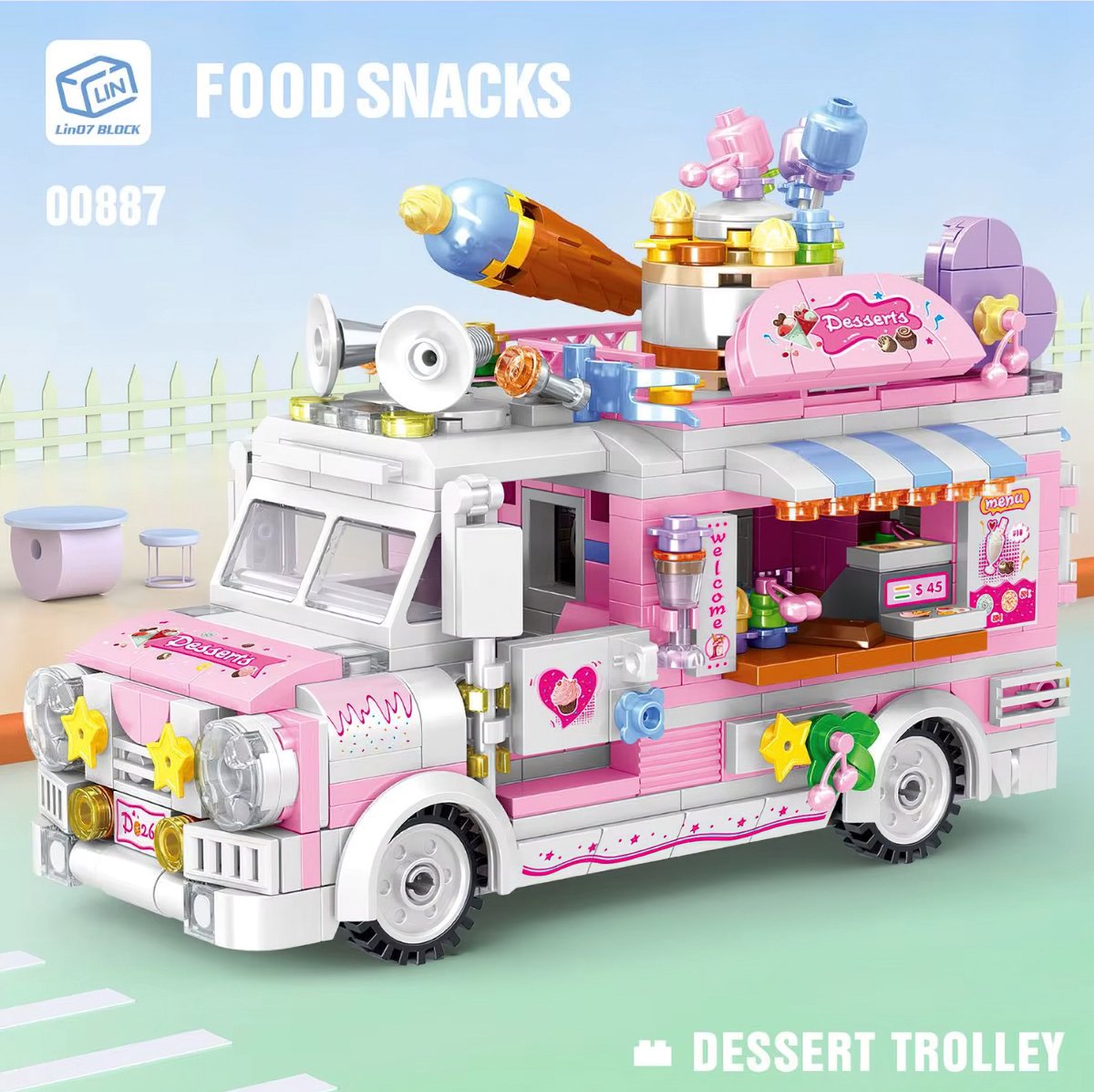 Zhe Gao Dessert trolley | City & Friends Adventure | Retro donut truck | Classic Creator STEM speelgoed bouwpakket | niet compatibel met lego mega bloks | Kermis & Pretpark Auto Foodtruck modelbouw voor kinderen & volwassenen | 593 bouwstenen — afbeelding 2