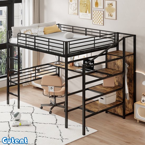 Gutent Hoogslaper-140*200 cm-Desk-Open Kledingkast-Iron Shelf-Black-No Matress-No Chair