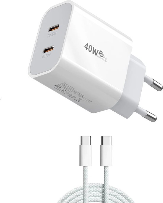 USB C Snellader 40W + 1x USB-C 65W Kabel 1M - Geschikt voor Apple iPhone 17/16/15 - Oplader - Geschikt voor Samsung Galaxy S24/S23/S22/S21 - Fast Charger - Snellader - USB C Adapter - USB Stekker - Wit