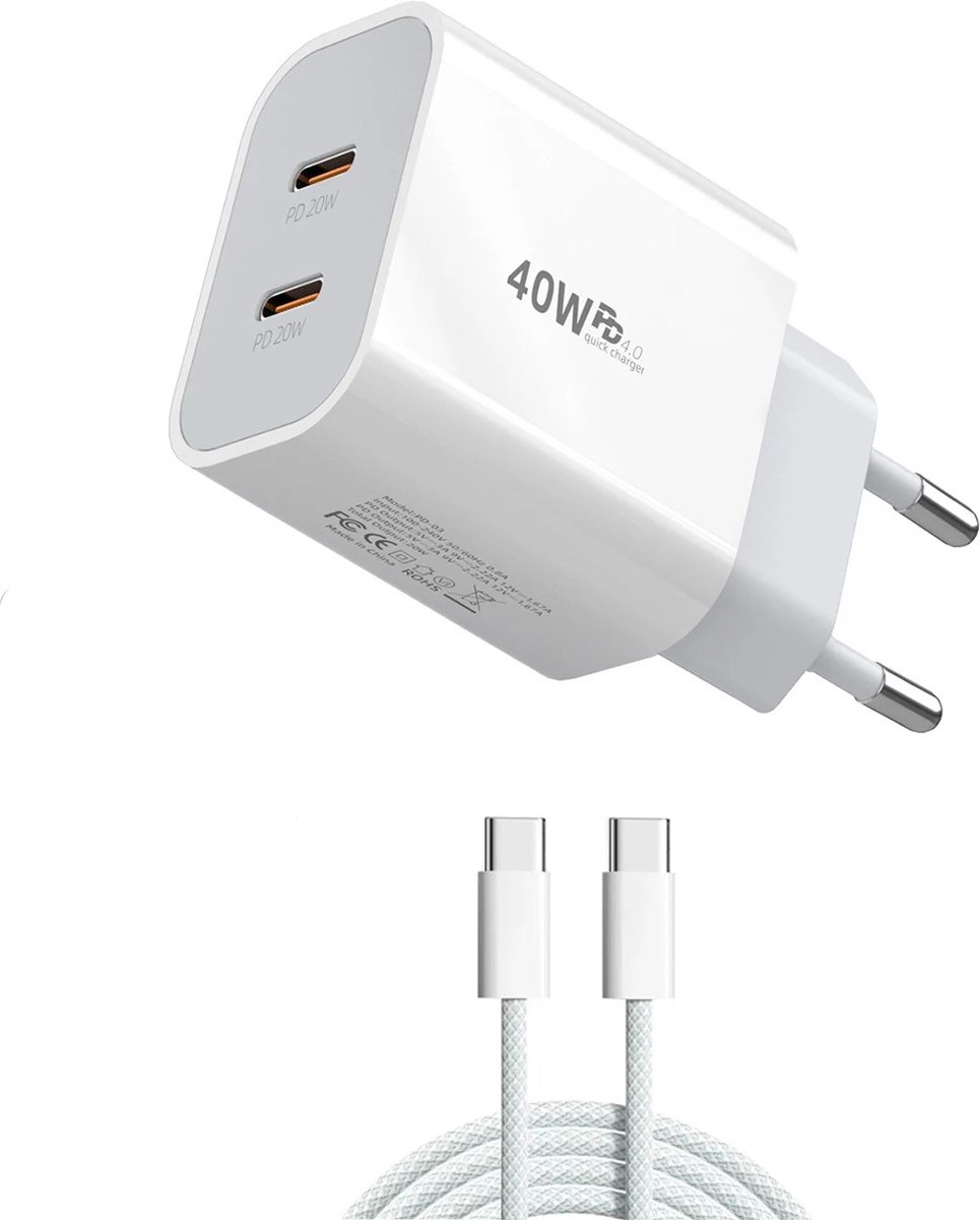 USB C Snellader 40W + 1x USB-C 65W Kabel 1M - Geschikt voor al jouw USB-C Apparaten - Oplader - Universeel - Fast Charger - Snellader - USB C Adapter - USB Stekker - Wit