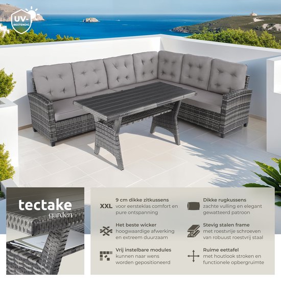 tectake® Wicker zitgroep tuinbank - Loungeset met bank en eettafel - Hoekbank - Buitenlounge - Zithoek - Weerbestendig - Tuin, balkon, wintertuin, terras - Zithoogte 41 cm - Grijs
